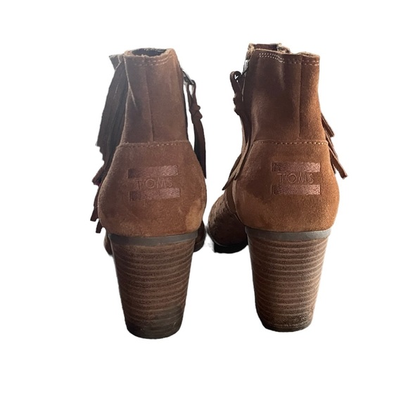 TOMS Majorca chestnut brown suede perforated peep-toe ankle boots with fringe - Picture 8 of 9